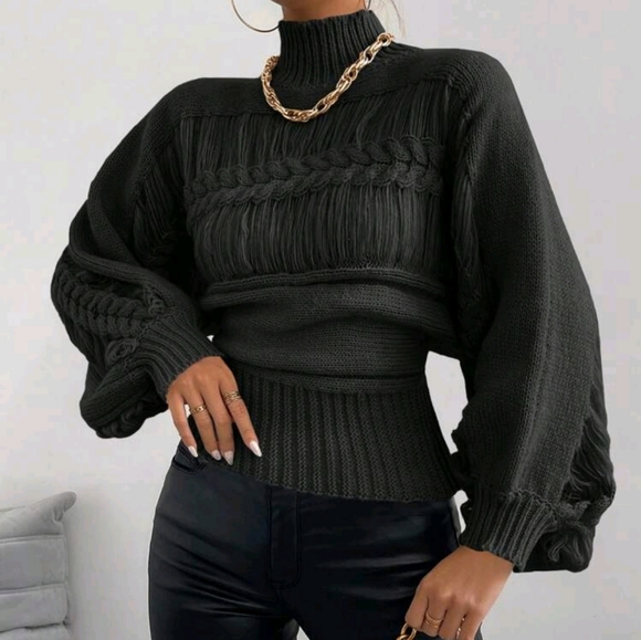 Luxe Mock Neck Cable Knit Lantern Sleeve Sweater Top - Picture 3 of 7